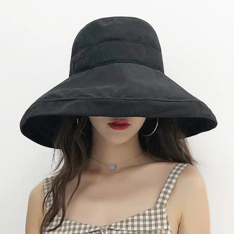 Oversized Summer New Cotton Breathable Big Brim Solid Color Fashion Bucket Hat Women Outdoor Travel Adjustable Sun Fisherman Hat