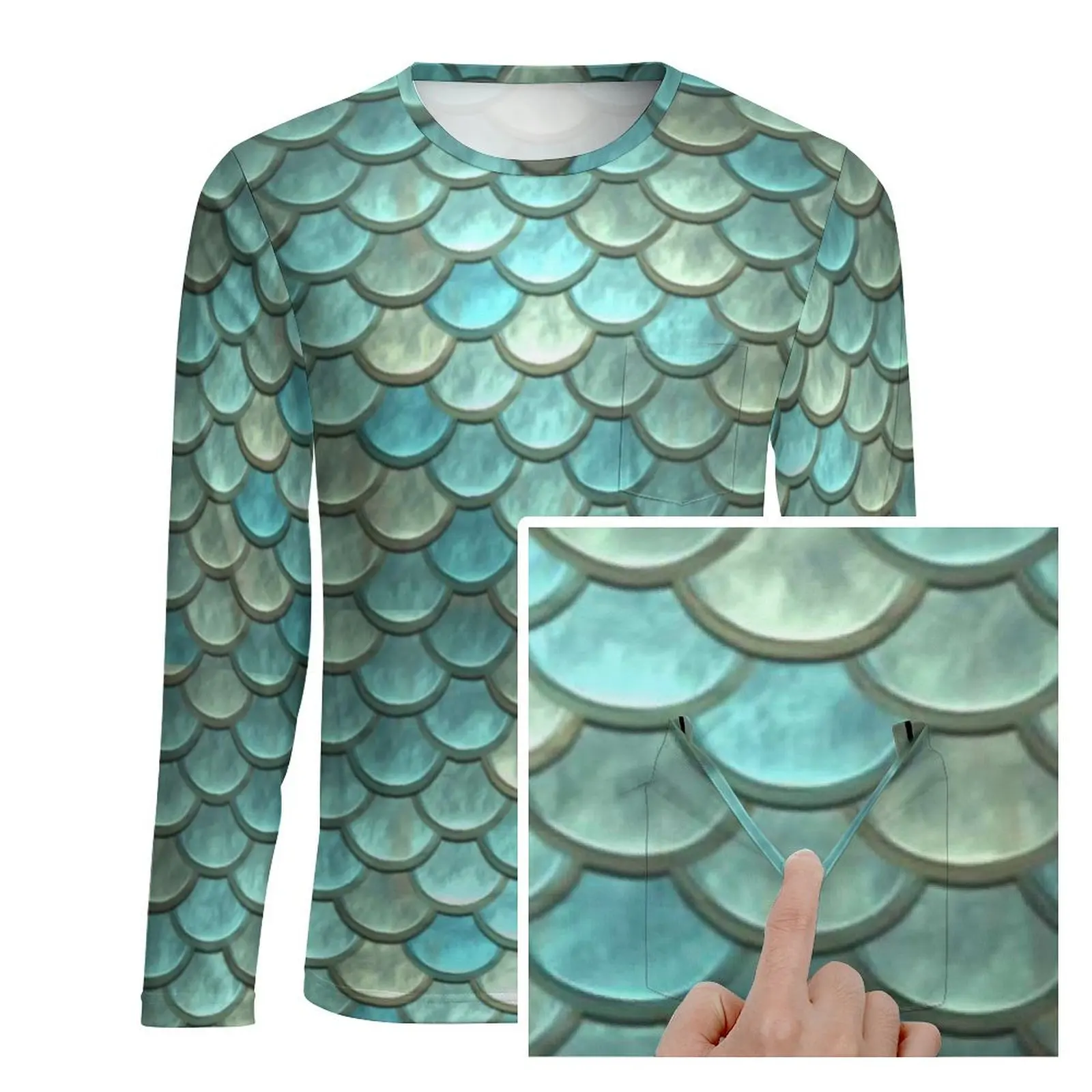 Metallic Mermaid T Shirt Blue Fish Scales Hippie T Shirts With Pocket Long Sleeve Tshirt Autumn Street Style Big Size Top Tees