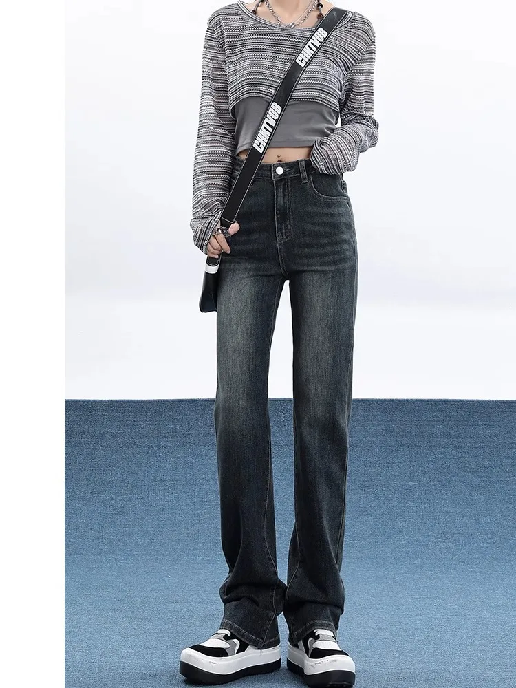 

High Waist Loose Fit Slimming Denim Jeans Women's Style Casual Cotton Stretch Fabric Narrow Version Straight Tube Pants