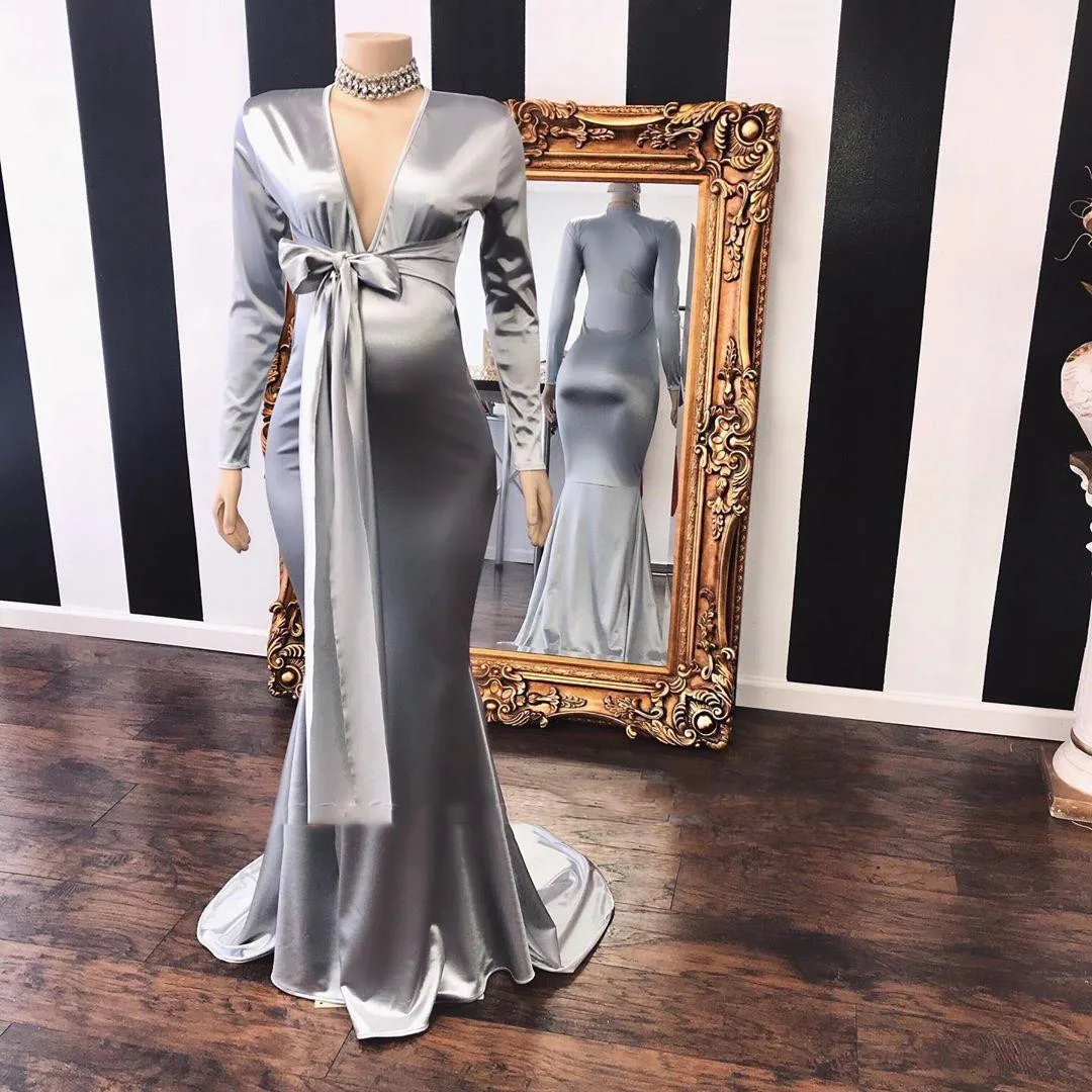 Silver Deep V-Neck Long Sleeve Mermaid Evening Dresses Ruched Bow Tie Sweep Train Formal Party Prom Gown  robe soirée femme