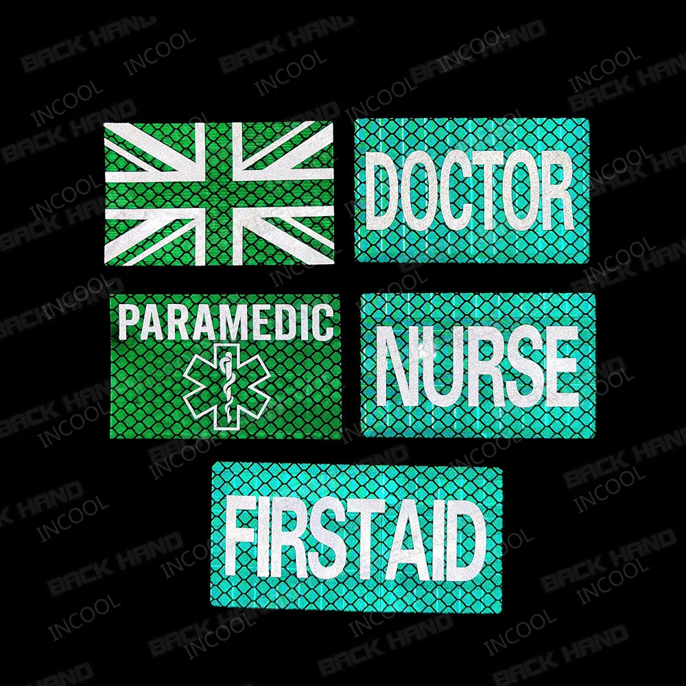 Green Reflective Patches FIRST AID NURSE DOCTOR United Kingdom Flag PARAMEDIC Emergency Rescue Appliqued Patches Chevron Badges