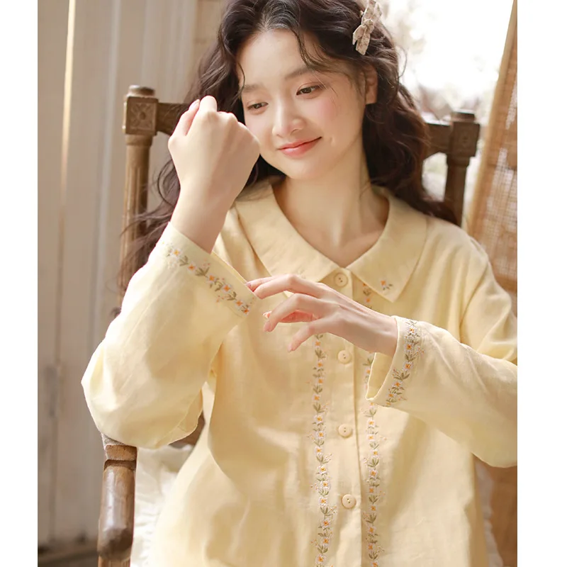 

New Women's Pure Cotton Double-layer Gauze Pajamas Long-sleeved Trousers Set 2PCS Lapel Embroidery Set Large-size Loungewear