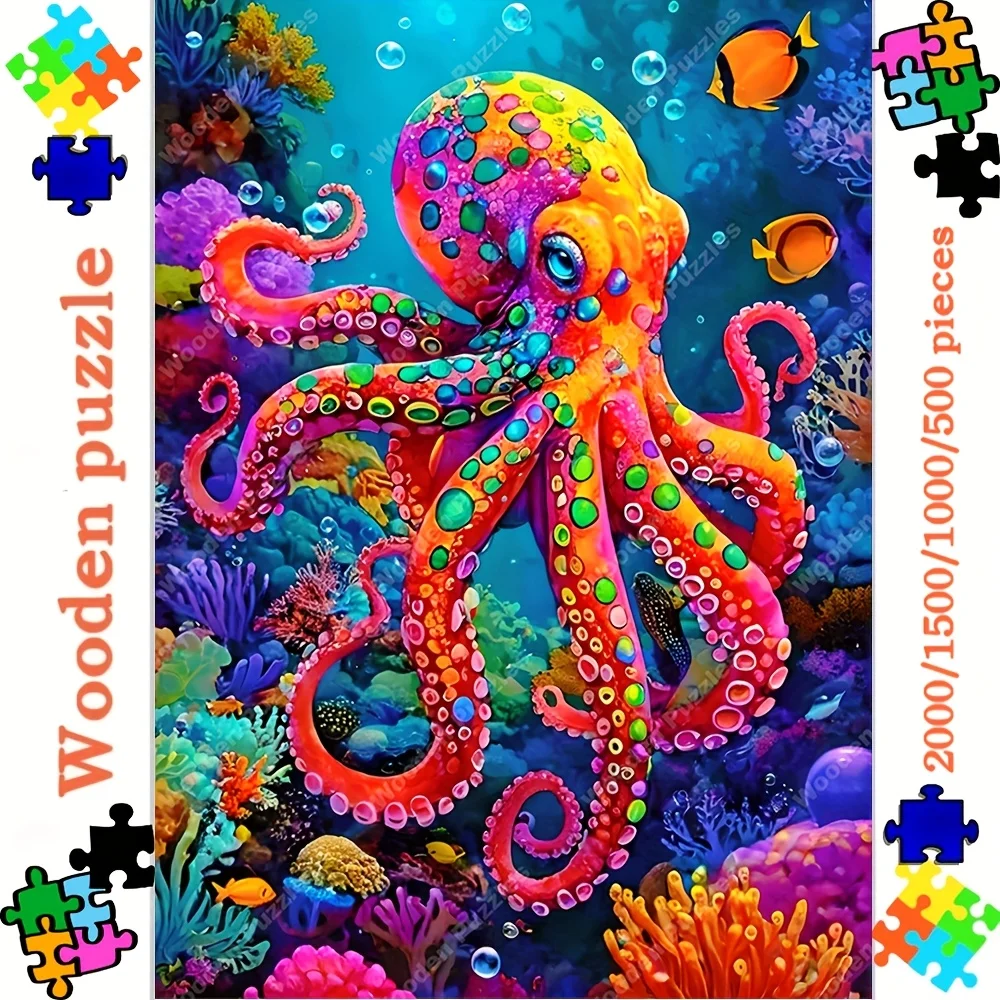 2000/1500/1000/500 Stück Oktopus-Puzzle für Erwachsene – lebendige Unterwasserszene mit Koralle und Fisch, Premium-Sperrholz, C
