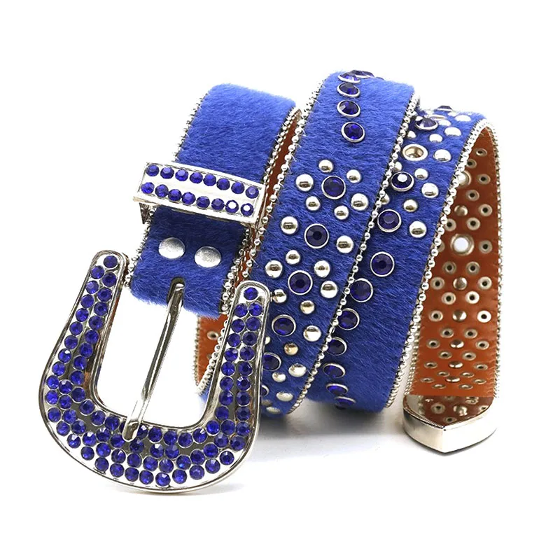 men luxury fashion rhinestone belt pin buckle studded belts stage nightclub blue waistband womens trendy soft leather strapon