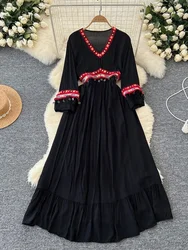 Spring Summer New Retro Ethnic Style Dress Women's Embroidered V-neck Cinched Waist A-line Sequined Fringe Beach Long Dress A151