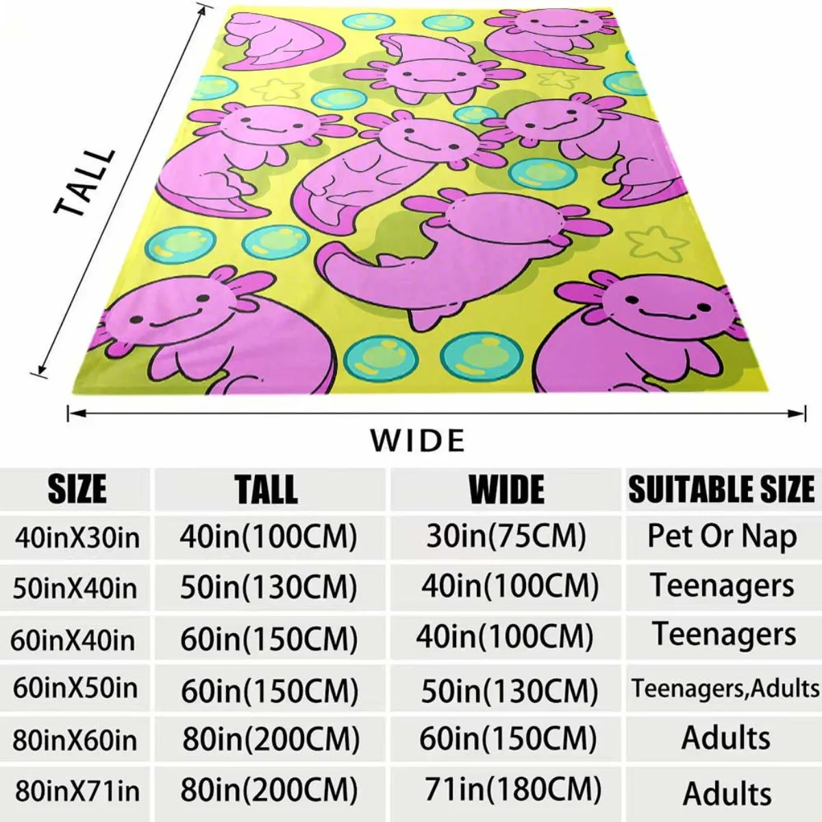 Kawaii Axolotl Pattern Flannel Blanket Lightweight Warm Plush Throw Blanket Lovely Cartoon Salamander with Bubbles Decor Blanket