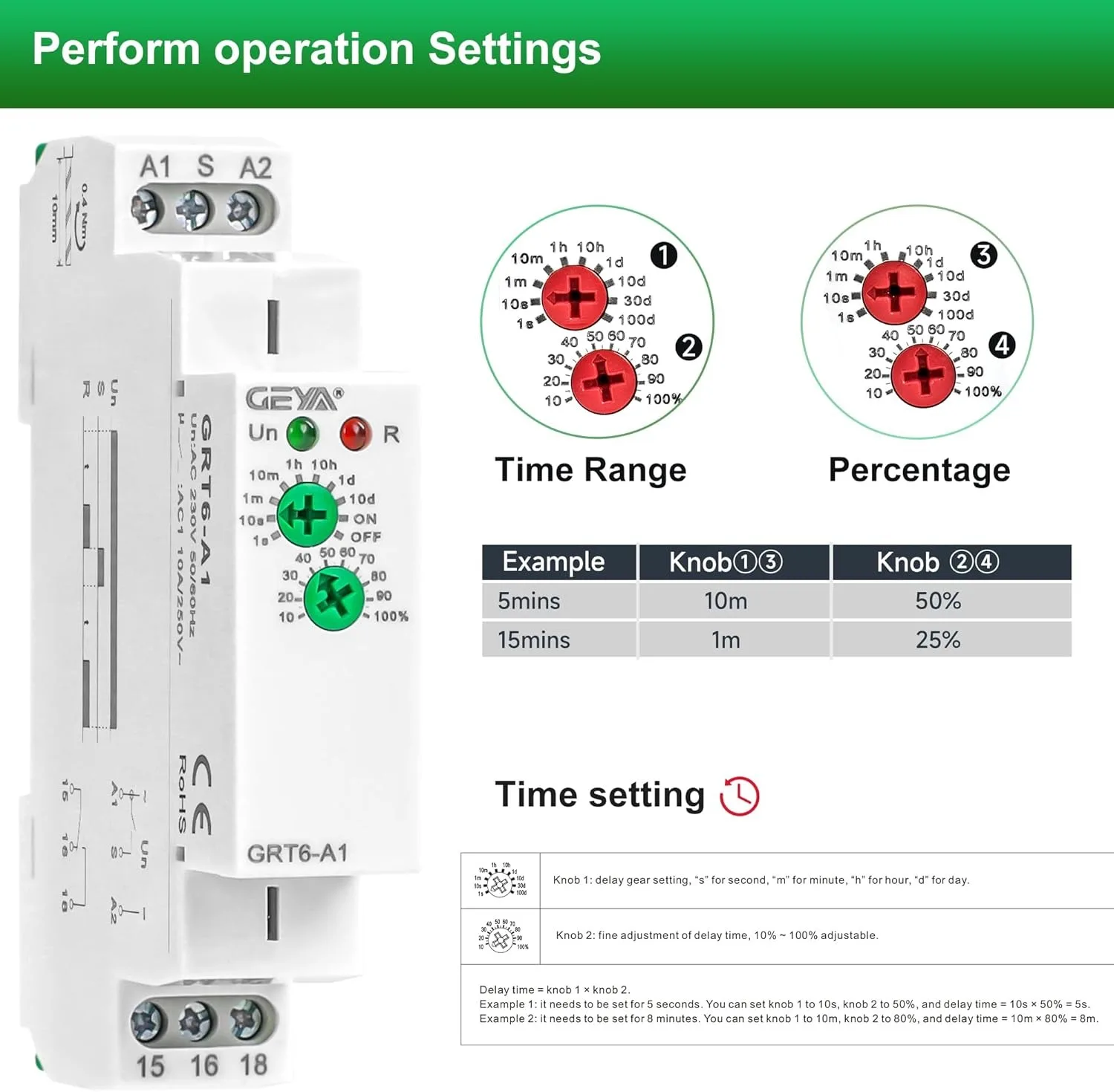 GEYA 10A Single Function Time Relay Delay ON OFF Electronic Adjustable Power ON Timer Delay Relay Rail Modular DIN Rail