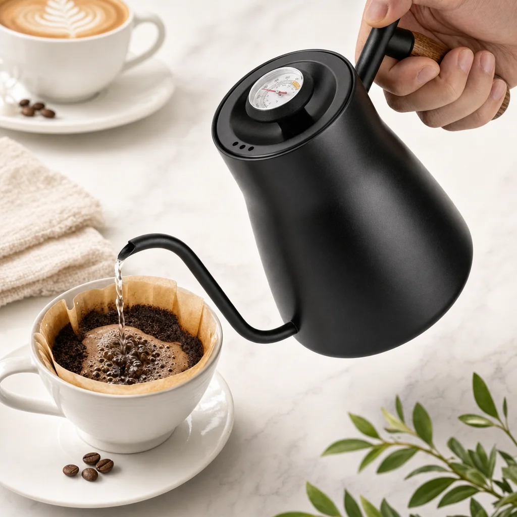 850ml Black Gooseneck Coffee Kettle with Thermometer Stainless Steel Pour Over Pot Wooden Handle