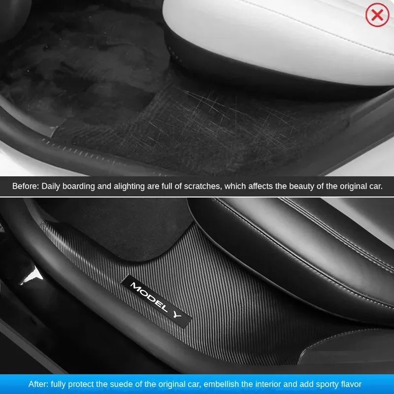 for Tesla Model Y Interior Accessories Front Rear Door Sill Protector Cover Carbon Fiber ABS Anti-Kick Pedal Inner Strip Guards