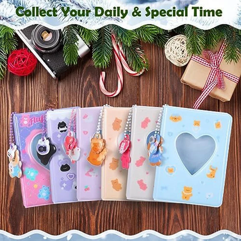 6 Pcs Mini Photo Album  Love Heart Photo Card Holder 40 Pockets With Bear Pendant