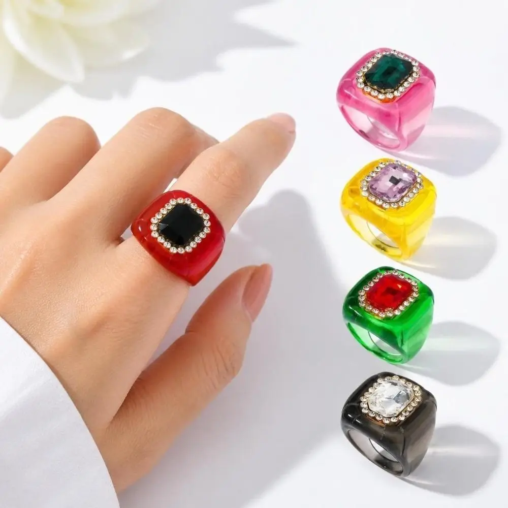 Fashion Resin Rhinestones Ring Geometric Three-dimensional Finger Ring Colorful Elegant Jewelry Square Ring Jewelry Accessories