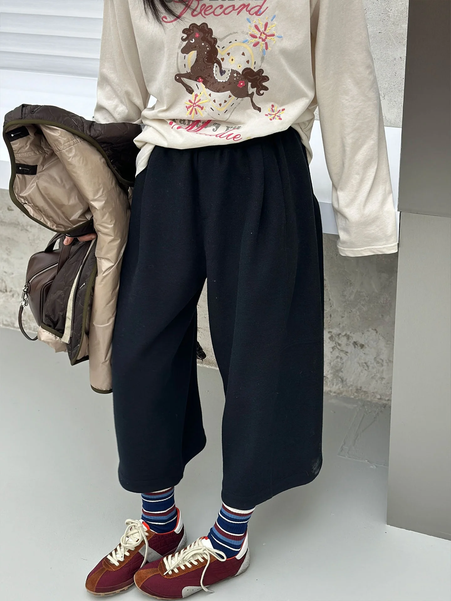 

Зимние женские брюки Bodhl с высокой талией, широкими штанинами, однотонные, из шерсти, укороченные (7/8), с эластичным поясом, повседневные