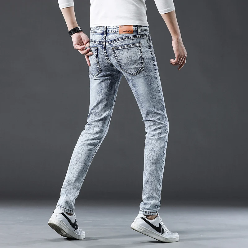 2026 Brand Slim Skinny Men Cotton Designer Stretch New Jeans Classic Retro Snowflake White Korean Fashion Wash Denim Trousers