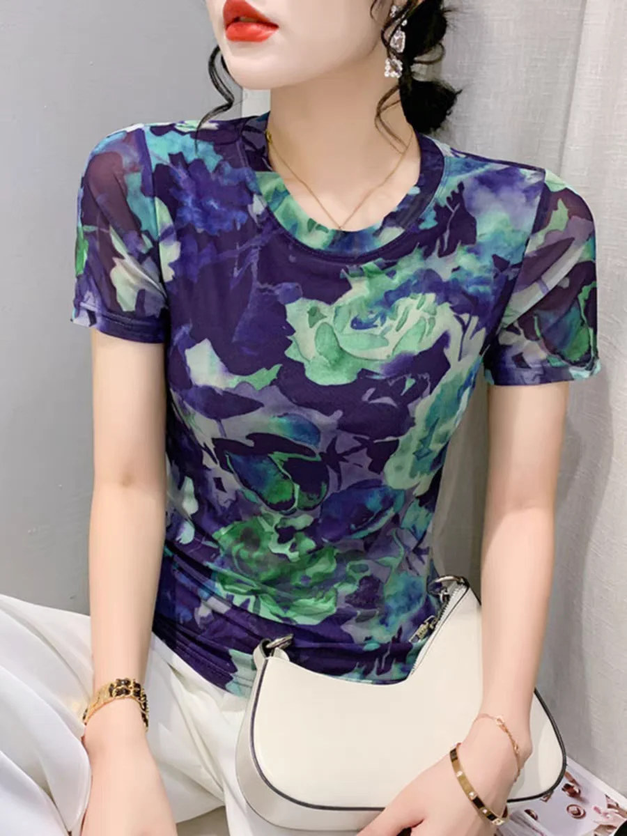 Sommer Mesh T-Shirts Frauen o Hals Kurzarm dünne T-Shirts Dame elegante dehnbare Druck Blumen Tops weibliche T-Shirt