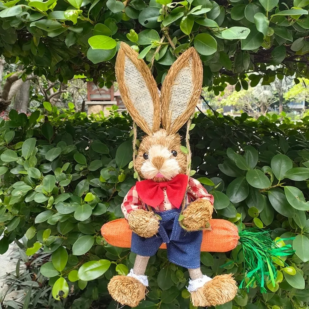 

35cm Easter Bunny Hanging Figurine Cartoon Handmade Carrot Swing Forest Theme Rural Style Woven Straw Rabbit Festival Party