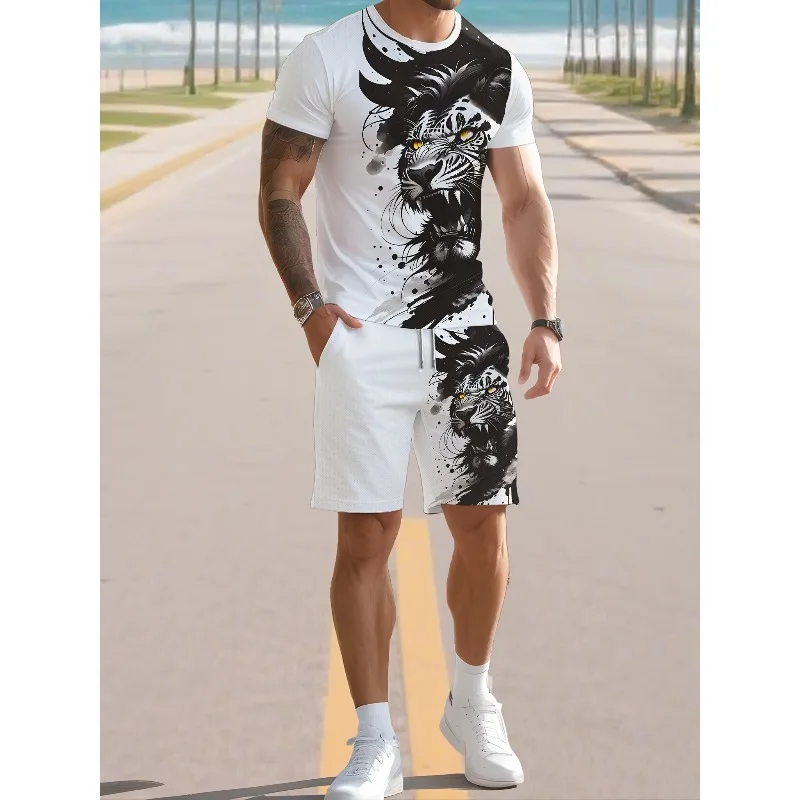 2025 New Trend Casual T-shirt 3D Digital Printed Short Sleeve Shorts Set Summer Essential Creative Retro Men's Fashion