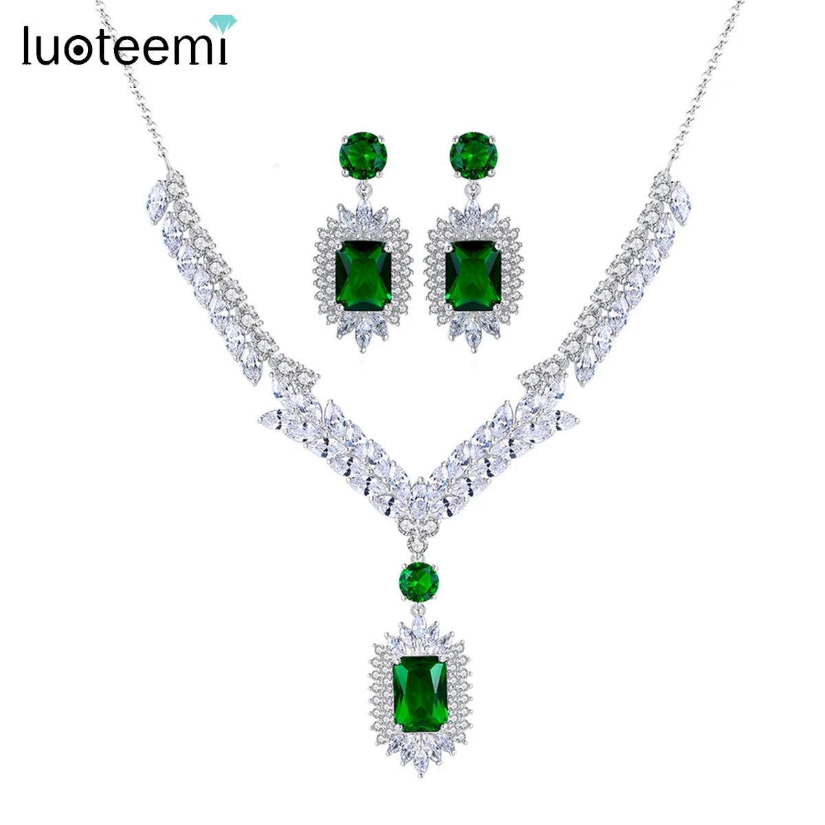 

LUOTEEMI Shinning Jewelry Sets for Women Green Square CZ Bridal Wedding Accessories Luxury Ladies Party Gift Christmas Gifts