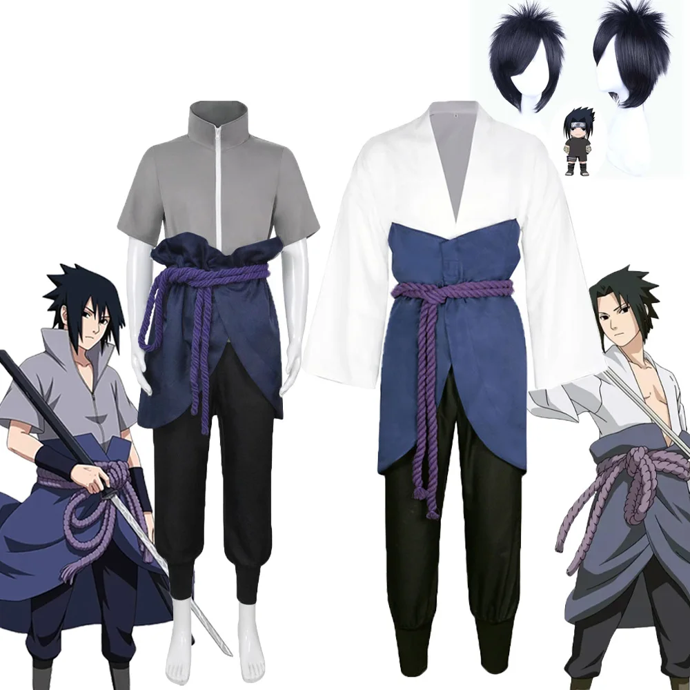 Anime Ninja Uchiha Sasuke Cosplay Costume Adult Samurai Uniform Kimono Suit Wig Halloween Christmas Party for Men Boys Clothing