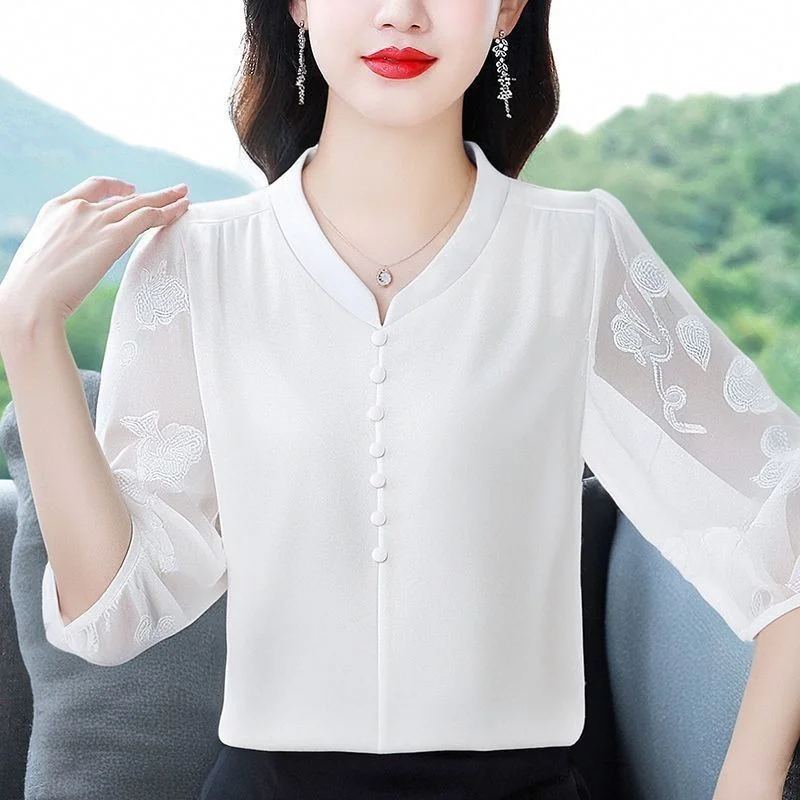 Premium V Neck Blouse Women Mid Sleeve Chic New Chinese Style Top