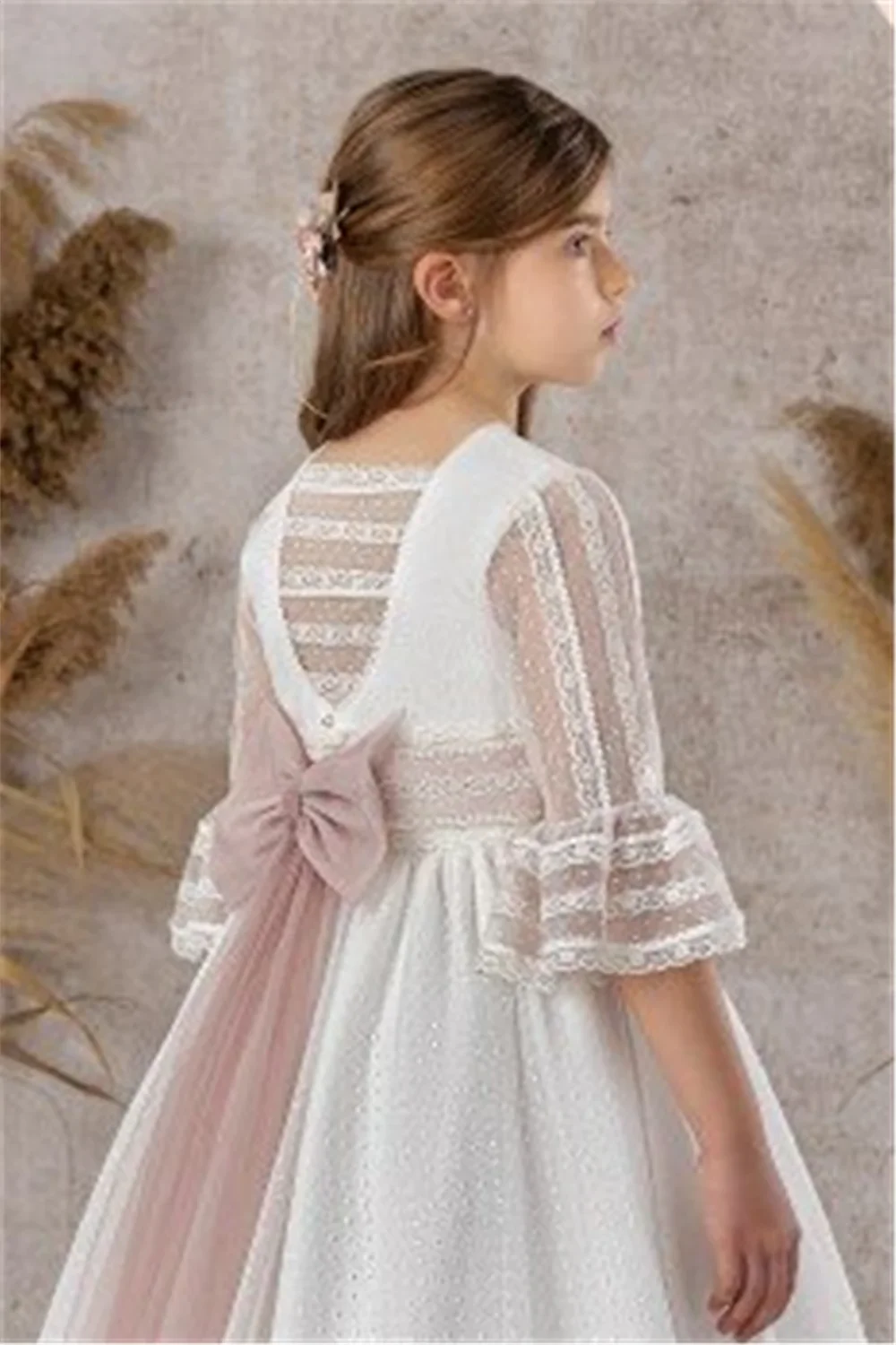 Kind Hochzeit Weiße Spitze Schöne Blumenmädchen Kleid Halbarm Schleife Schärpe Tüll Applikationen Lange Party Kinder Geburtstag Abendkleider