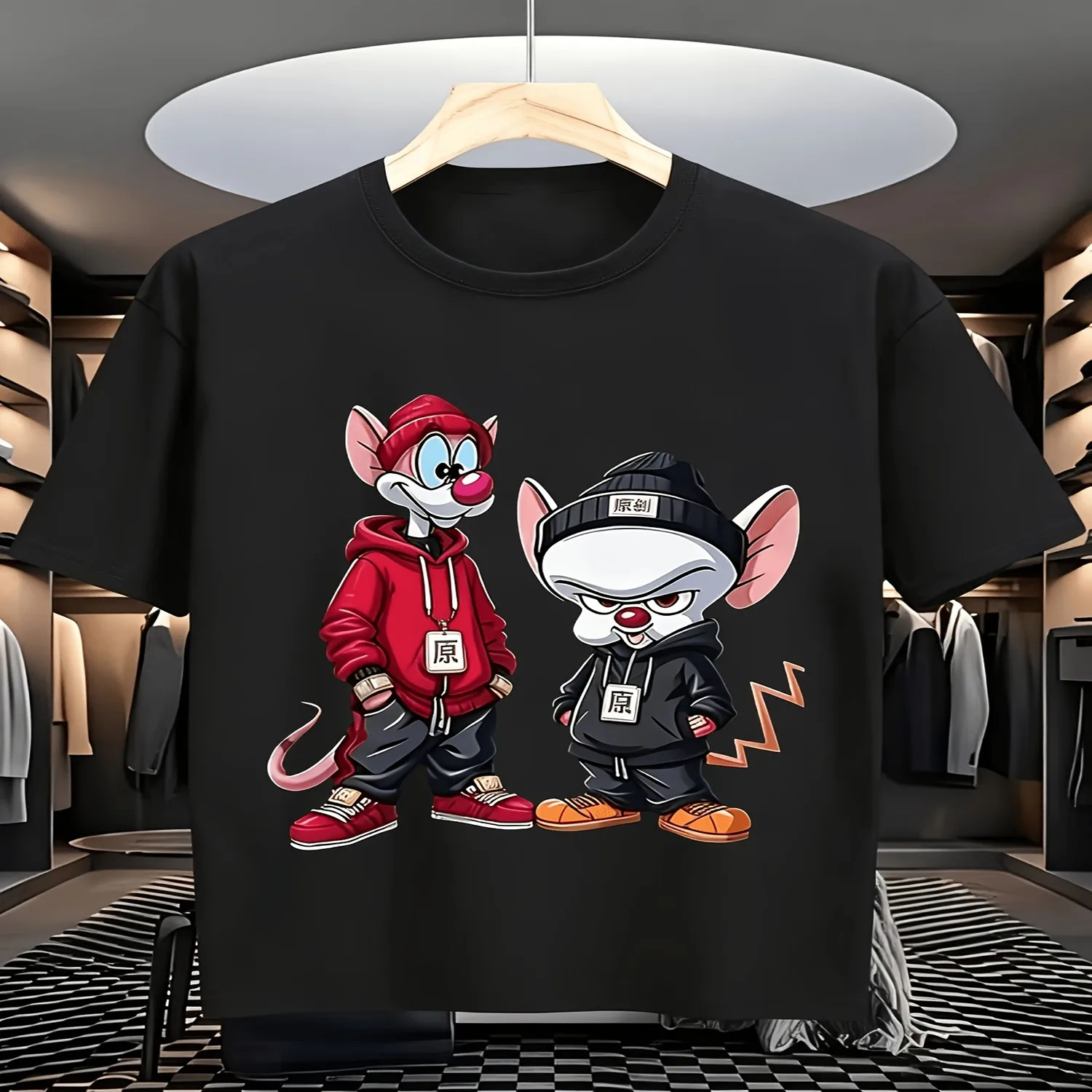 Men'S And Women'S Cool Cartoon Mouse Duo Street Hip Hop T-Shirt - Soft And Breathable Regular Edition Round Neck Short Sleeve Mouse Pattern Printed Casual Daily Basic Top Machine Washable Gift for him, Retro graphic tee