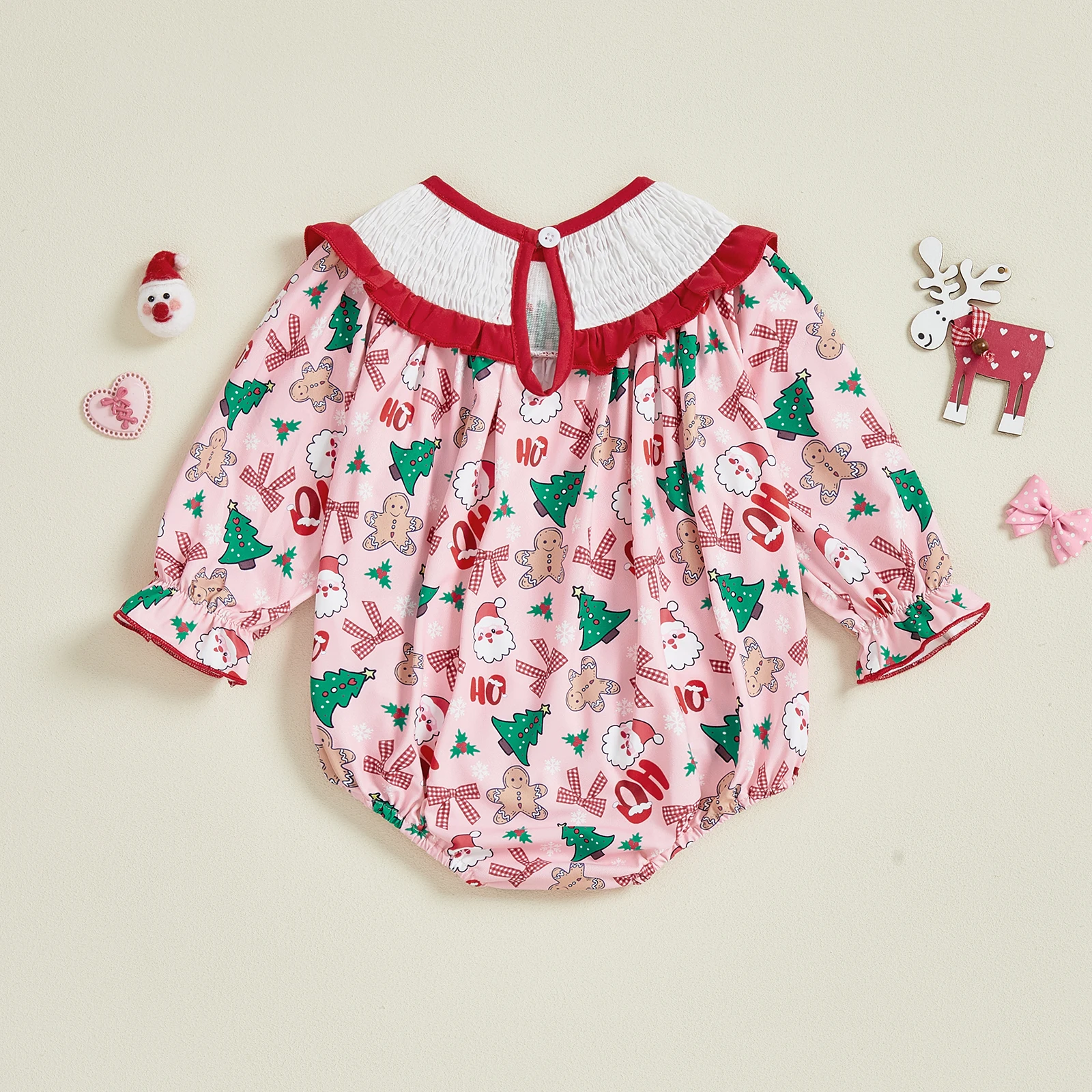 طفلة فقاعة رومبير المألوف شجرة عيد الميلاد التطريز Smocked طويلة الأكمام داخلية بذلة الملابس