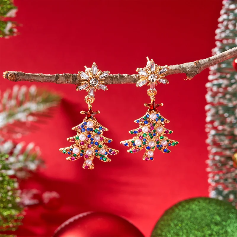 Boucles d'oreilles cloches de noël en strass pour femmes, Imitation de perles exquises, arbre de noël, étoile, bijoux de fête et de vacances