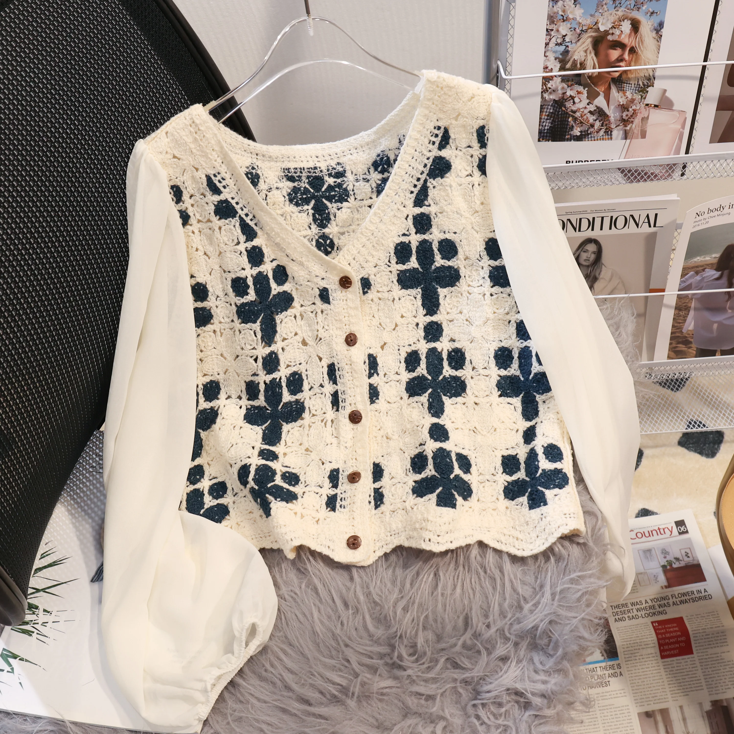 여성 블라우스 크로 셰 뜨개질 니트 퍼프 슬리브 버튼 프론트 오픈 워크 자르기 탑 여름 십대 소녀 보헤미안 비치 페스티벌 복장