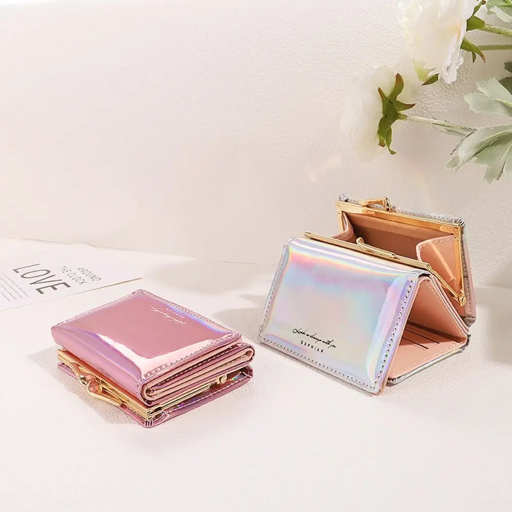 

Elegant Multi-card Slot Laser Short Wallet Hasp Colorful Triple Fold Purse Small Money Bag Rainbow Card Holder Lady