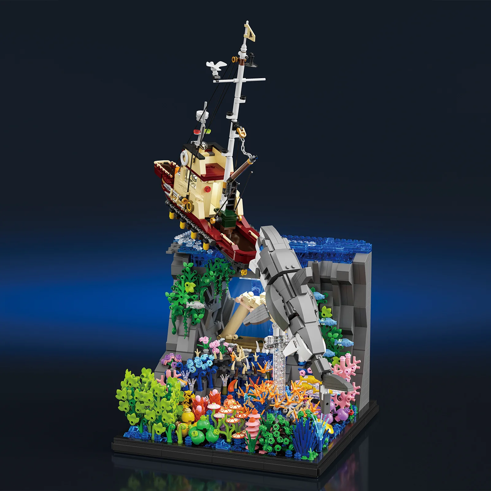 創造的な建築水中遺物ビルディングブロックモデルキットサメ難破船建設レンガのおもちゃコレクションライト付き