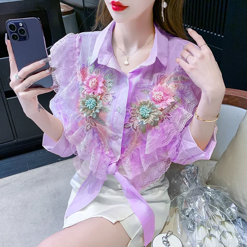 Chiffon Vintage Women Blouses Summer Appliques Women\'s Shirts Lace Patchwork Clothing Sales Loose Short Sleeve Ruffles Tops