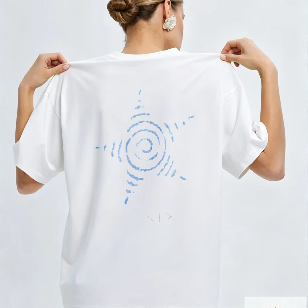 Blue Spiral Pattern Geometric Design Abstract Symbol Crew Neck Short Sleeve T Shirt Top High Quality Cotton Breathable Casual