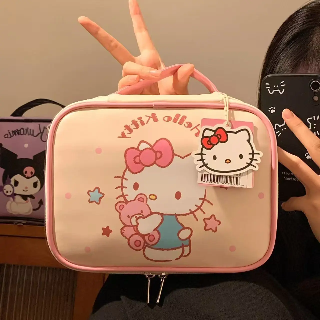 

Sanrio Hello Kitty Cartoon Cute Kitty Cat Handheld Large Capacity Makeup Bag Storage Travel Storage Box Washable Portable Bag