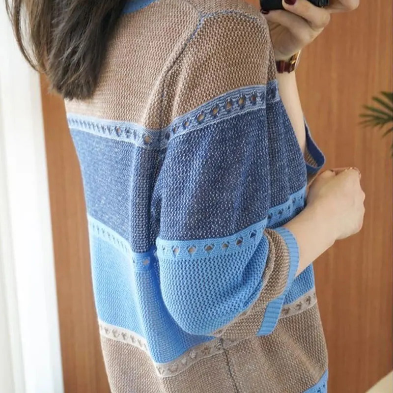 Female Clothing Contrasting Colors Spliced T-shirt Spring Summer Casual Half Sleeve O-Neck Stylish Hollow Out Knitted Pullovers