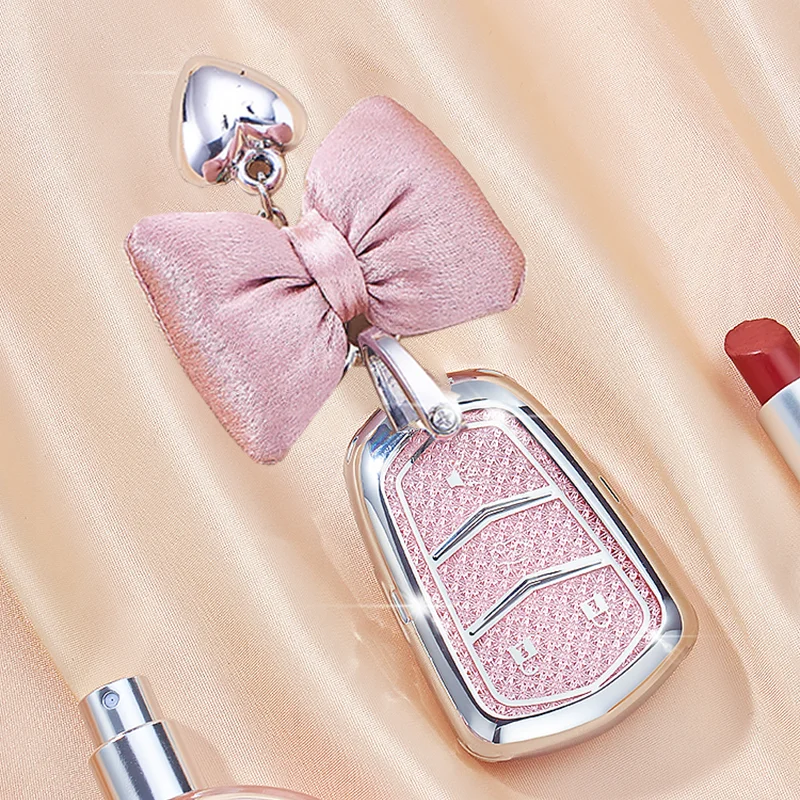 Car Key Case Cover Fob For Cadillac ATS CT6 CTS DTS XT5 Escalade ESV SRX STS XTS 28T ELR 4 5 Button Crystal Pink TPU Car Key Bag