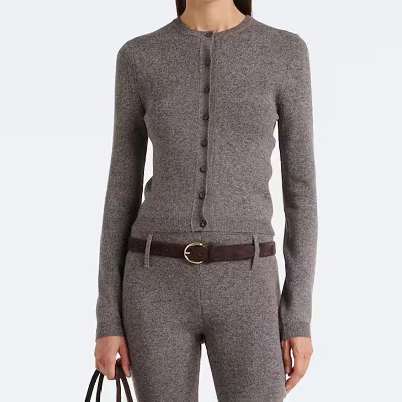 Women's 100% wool cardigan, single-button round-neck long-sleeved knit sweater, high-quality business blouse, 2026, new style,