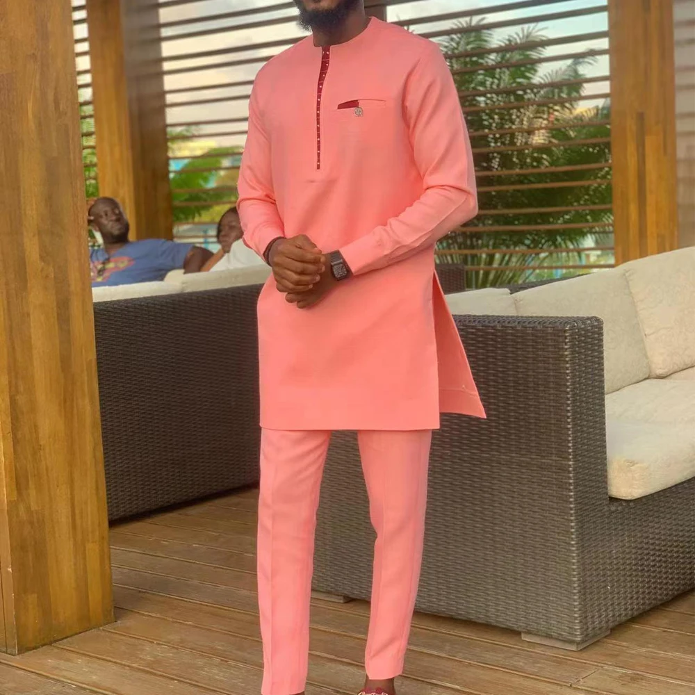 2024 Kaftan Elegant African Style Men\'s Suit Pink Long Sleeve Simple Shirt and Casual Pants 2 Piece Set Wedding Men\'s Costumes