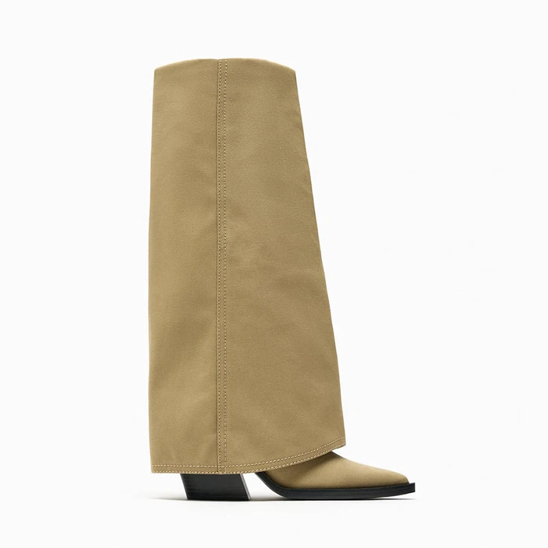 

Fall Winter Pointed Toe Thick Heel Pants Boot Women Retro Knee High Western Cowboy Knight Boot Commute High Heel Denim Boot