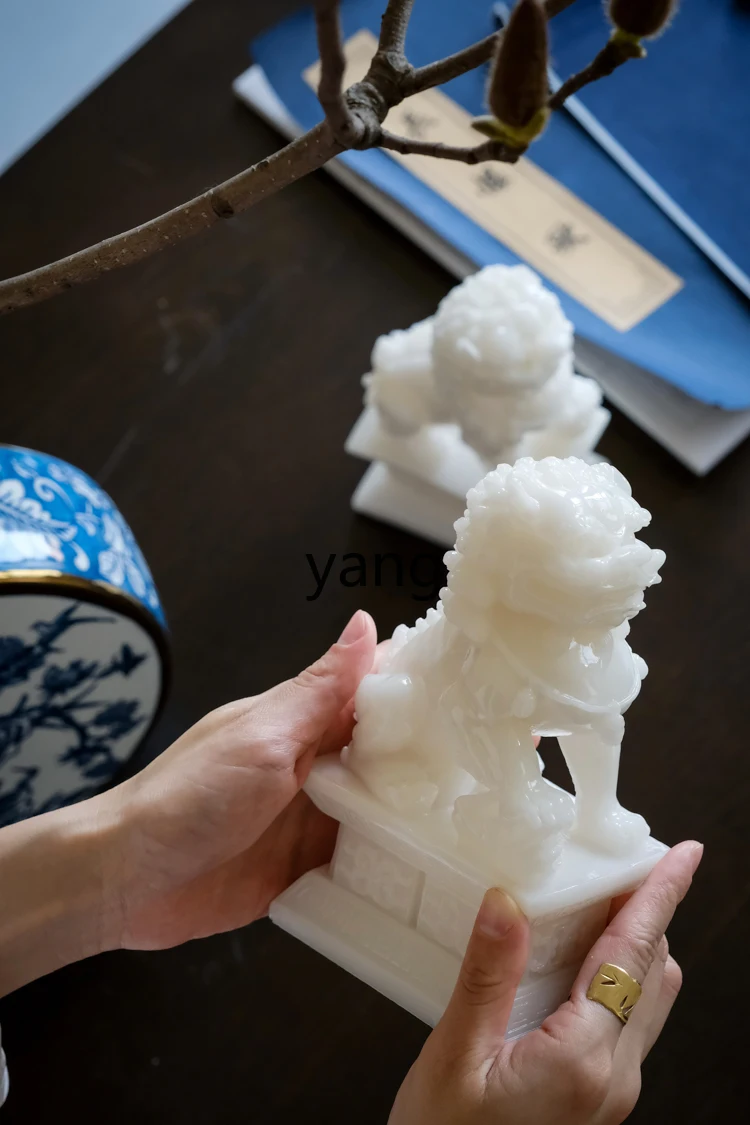 LXL Forbidden City White Jade-on-Lion Ornaments Paper Weight Study Table Chinese Household