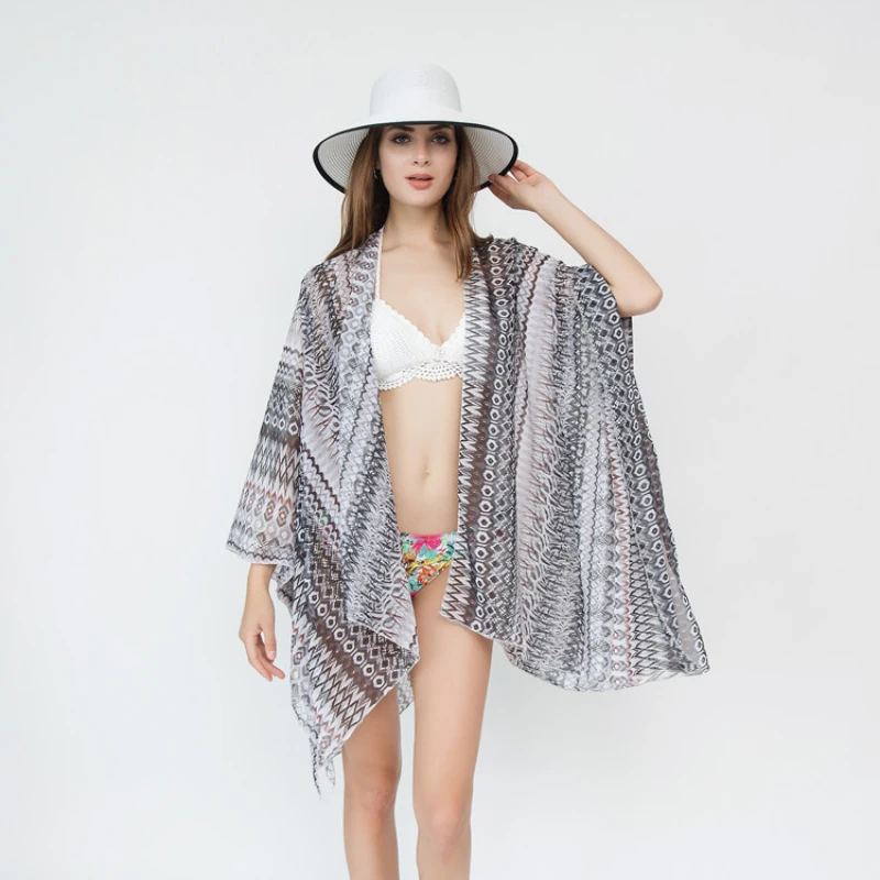 Bikini Cover Up Women 2023 Bohemian Beach Dress Geometry Print Cardigan Chiffon Holiday Long Sleeve Summer Robe Praia Pareo