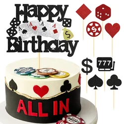 1-9Pcs Black Red Glitter Casino Happy Birthday Cake Topper Casino Poker Dice Cake Decor Las Vegas Themed Birthday Party Supplies