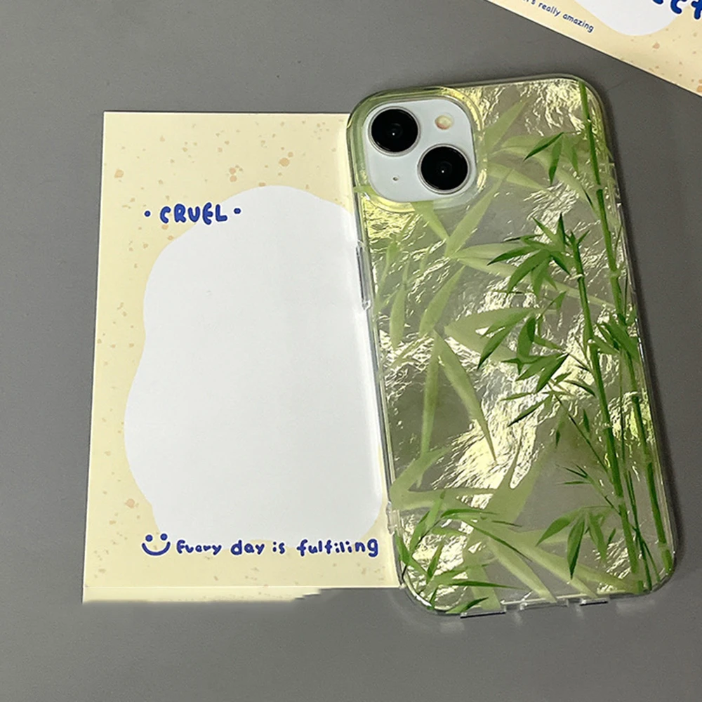 IND New Chinese Style Green Bamboo Phone Case For iPhone 16 15 14 13 12 11 Mini Pro Max X XR XSMax 8 Plus Glacier Pattern Cover