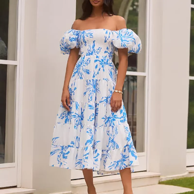 Woman Elegant Square Neck Puff Sleeve Dresses Casual Floral Print Pleated  A-Line Long Dress Boho Spliced Backless Vacation Dress - AliExpress  200000345