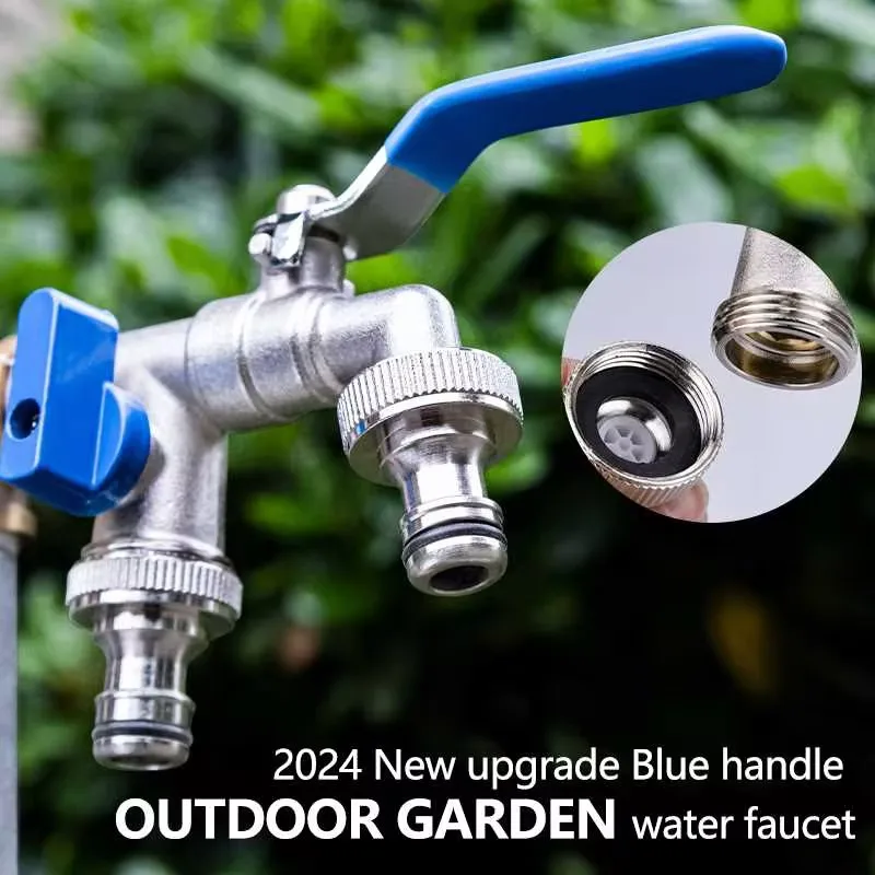 

Blue Handle Double Head Water Faucet for Washing Machine 1 Inlet 2 Outlet 1/2" BSP Thread Brass Outdoor Garden Bibcock with Dual