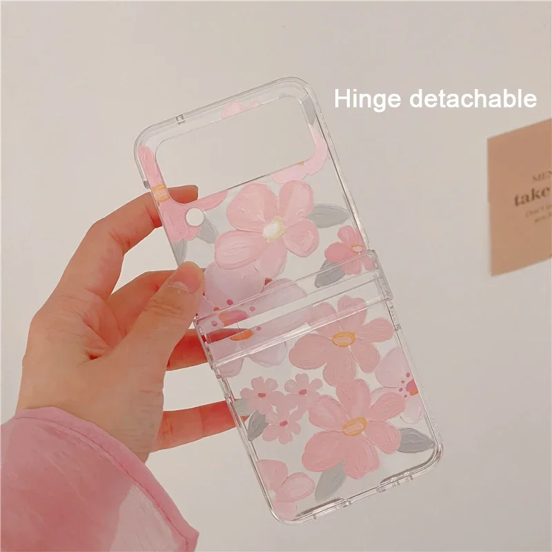 Romantic Pink Oil Painting Flower Phone Case for Samsung Galaxy Z Flip6 4 3 Hard Cover for ZFlip5 Zflip4 Solid Shell Bracket
