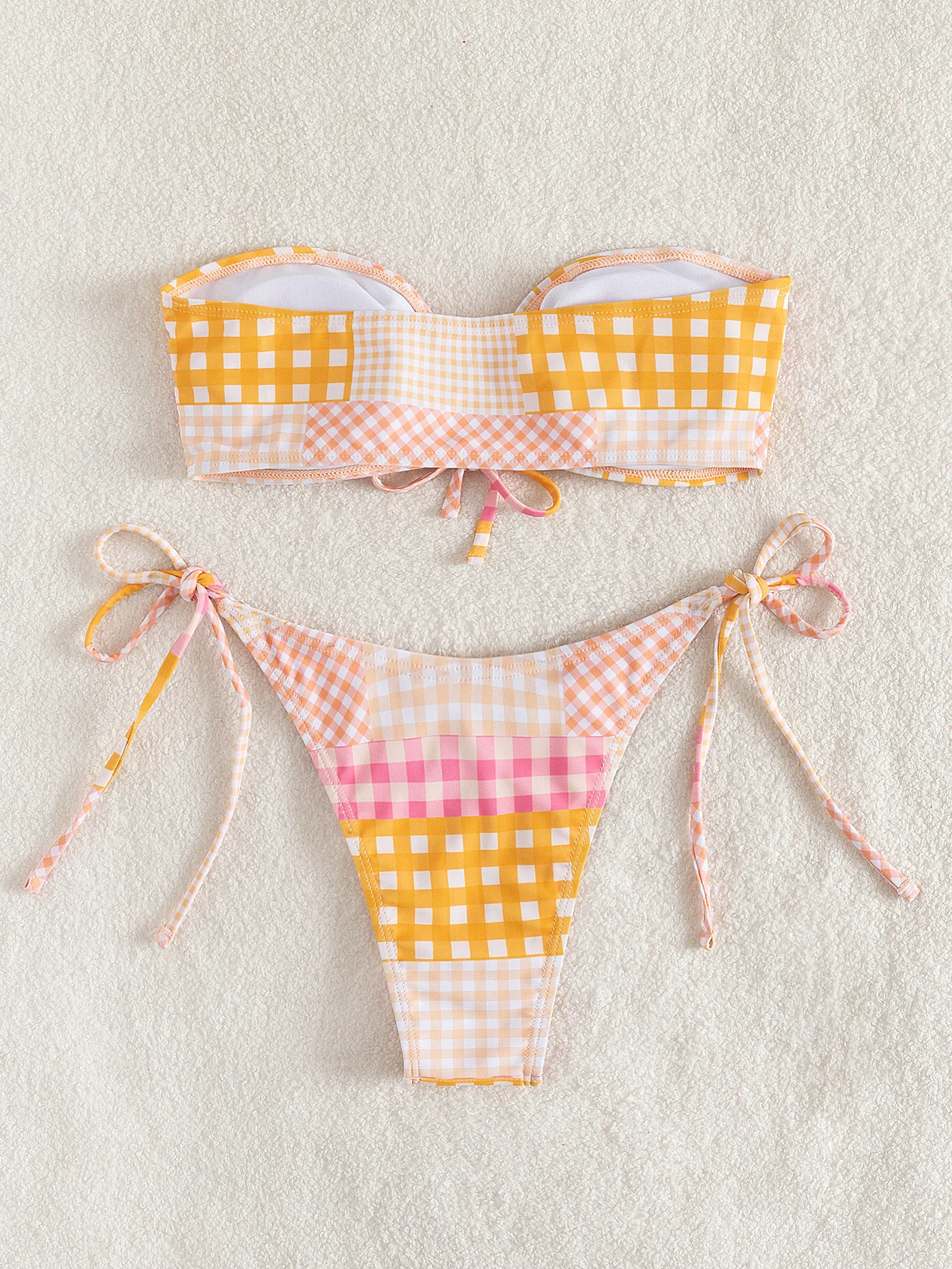 sexy pink yellow plaid bandeau front tie bikinis sets two pieces thong swimsuits bathing suit swimwear biquini tankini trikini