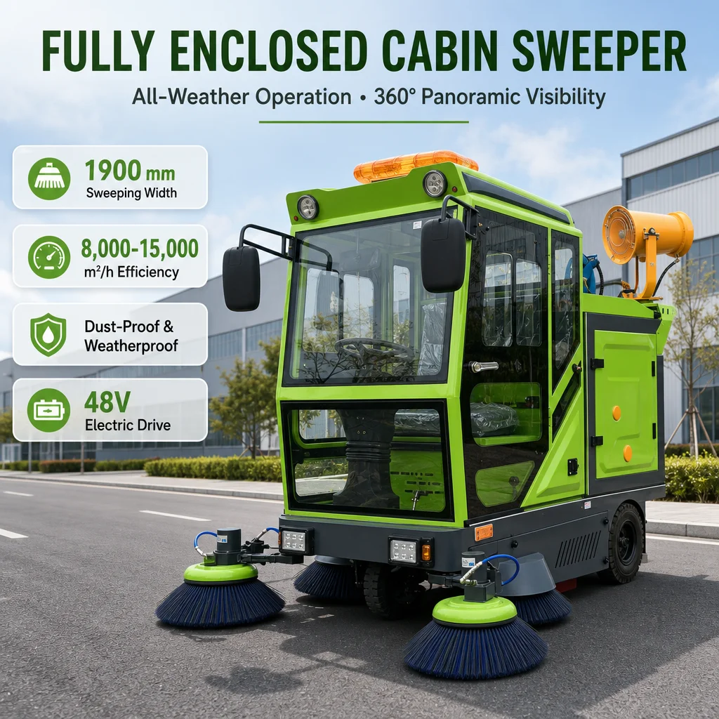 48V Electric Ride-on Sweeper 1900mm Enclosed 5-Brush Road Cleaning Machine with High Pressure Washer & Fog Cannon