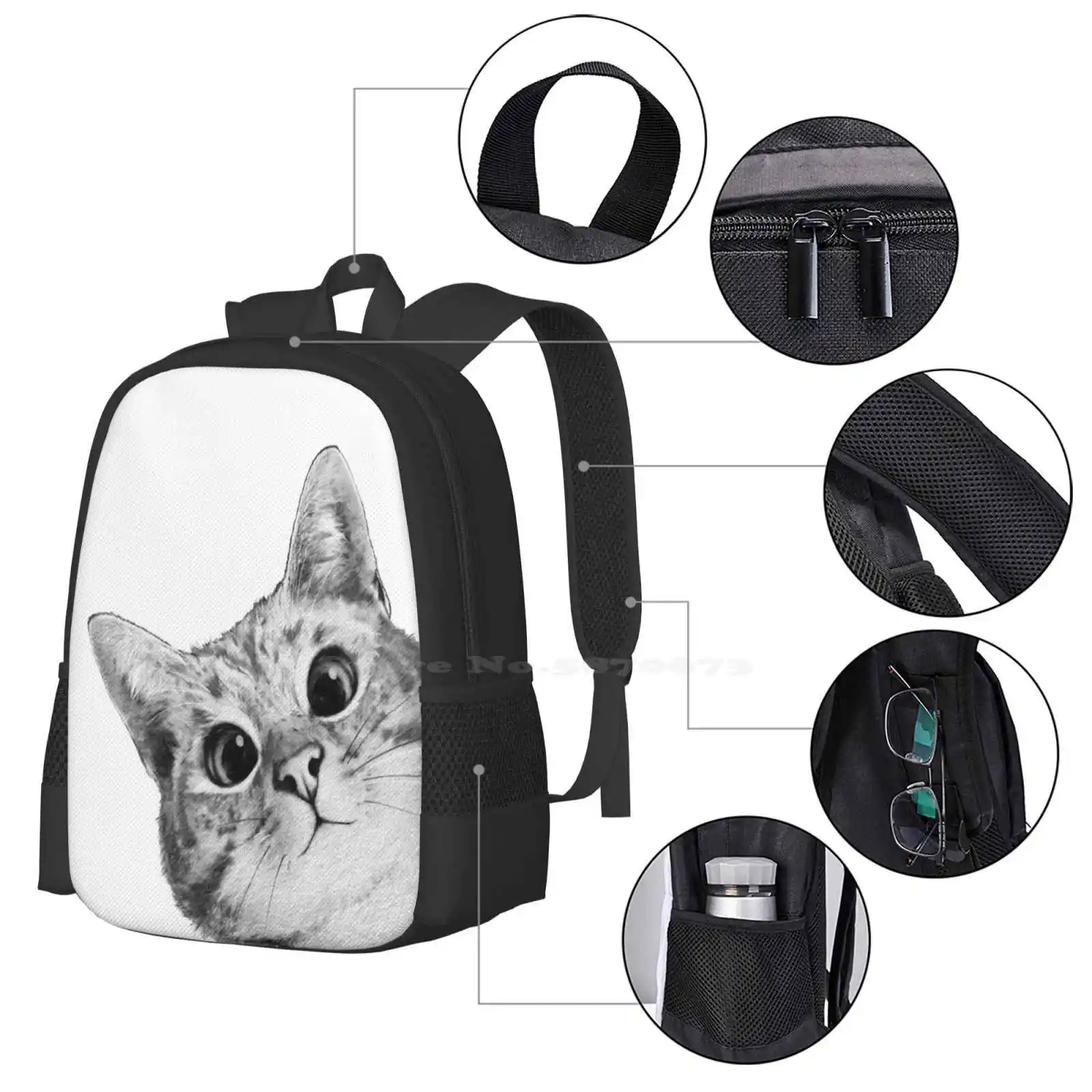 Sneaky Cat School Bag Big Capacity Backpack Laptop Peekaboo Black And White Kitten Humour Cute Funny Cats Animal Pet Happy