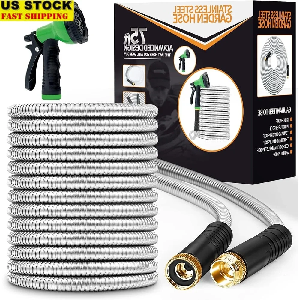 

75ft Stainless Steel Heavy Duty Garden Hose No-Kink Flexible Water Hose 10 Function Nozzle Leak-Proof Lightweight Durable