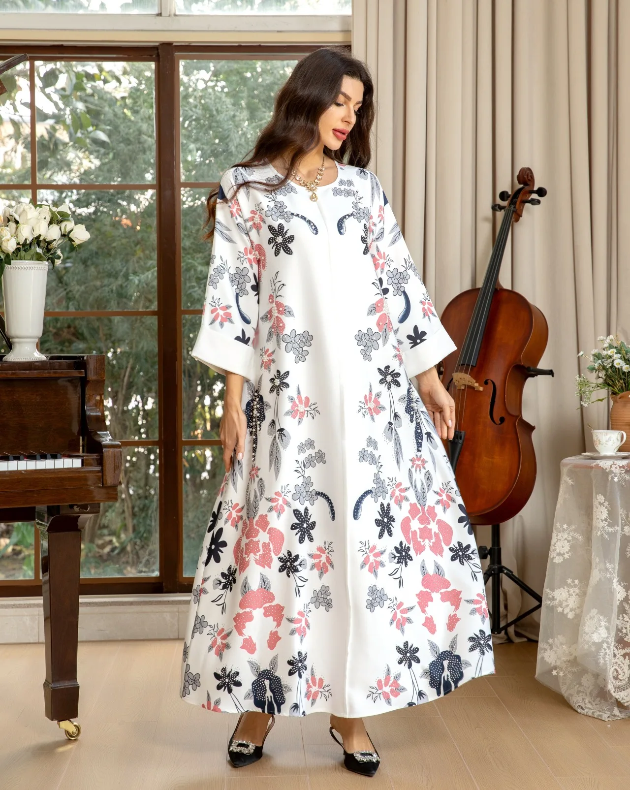 Fashion Colorful Floral Printed Abaya Muslim Women Diamonds Long Dresses Jalabiya Round Neck Kaftan Islamic Loose Robe Arab Eid